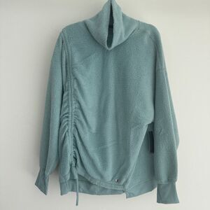 Tahari Fleece Sweater Womens 1X Funnelneck Cozy Thumbholes Dusty Blue